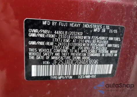 2016 Subaru Forester 2.5I Premium из США, поврежденный, VIN JF2SJADC2GH483696